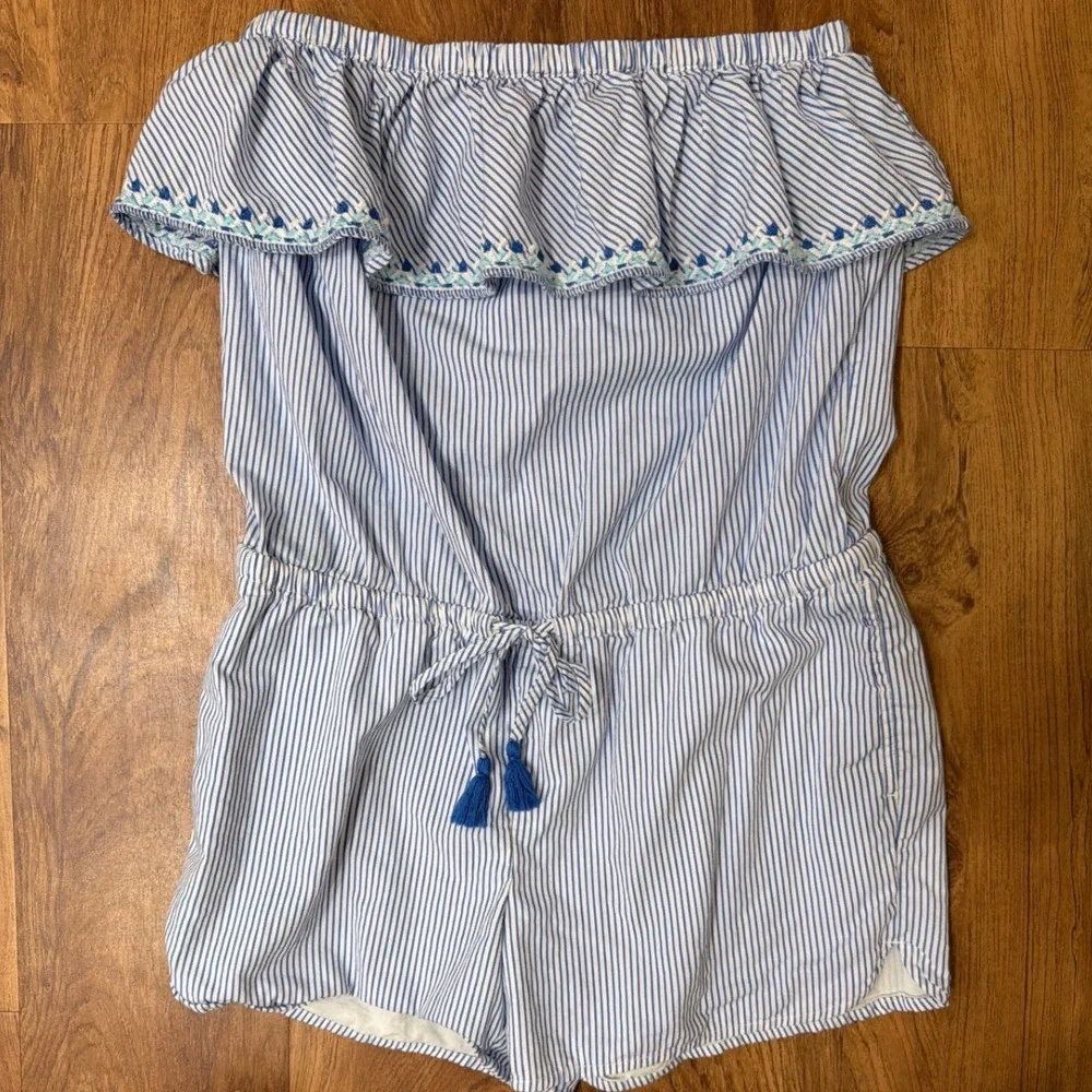 Vineyard Vines Women Small Blue White Seersucker Off‎ Shoulder Ruffle Romper